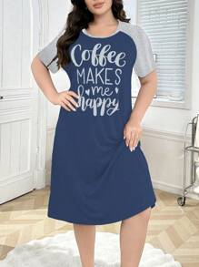 SHEIN Plus Size Letters Print Contrast Color Dropped Shoulder Short Sleeve Nightgown - Blue - View 6