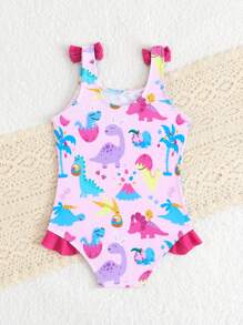 Baby Girls Cute Dinosaur Floral Print One-Piece Swimsuit With Ruffle Trim, Beach & Summer One-Piece Bathing Suit - Multicolor - View 2