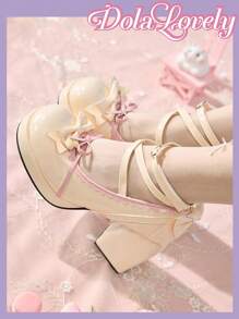 Dola Lovely 女士休闲时尚防滑粗跟厚底蓝色可爱卡哇伊蝴蝶结高跟鞋