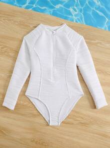 Camiseta de protección solar de manga larga blanca para niña preadolescente, fabricada con tela jacquard especial. Elegante, casual y refinada. Adecuada para natación, vacaciones y traje de baño de verano - Blanco - Ver 5