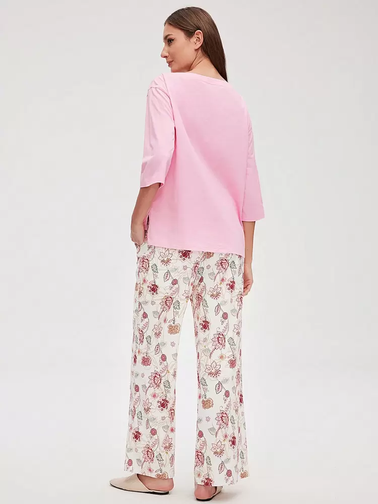 Cotton Boatneck Top & Floral Print Pants PJ Set