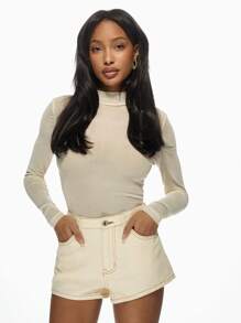 MISSGUIDED 高腰牛仔迷你短裤复古风格夏季休闲原始下摆棉质牛仔短裤假日海滩节服装复古时尚 Y2K 裤 - 米色 - 查看 7