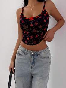SHEIN SXY Camiseta negra sexy con estampado de corazones para el Día de San Valentín