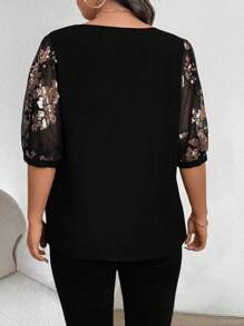 SHEIN Clasi Plus Size Women Solid Color Patchwork Round Neck Short Sleeve Casual Blouse For Summer - Black - View 2