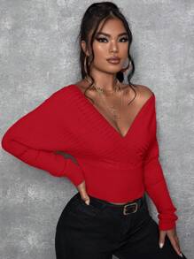 SHEIN SXY Solid Color Long Sleeve Sweaters, Casual Pullover,Long Sleeve Tops In Fall/Winter - Red - View 4