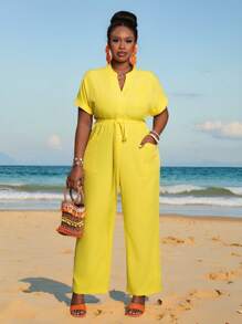 Slaydiva 2025 New Style / Rave / Easter Outfit For Women / Old Money Style For Women / Country Concert Outfit / Going Out Outfits / Fairycore / Festival Outfits / Tropical Vacation Women Clothes Outfit / Solid Yellow Short Sleeve Button Up Top With Tie Front, Plus Size / Western Wear For Plus Size Women / Green V-Neck Short Sleeve Wrap Pocket Romper / Rompers For Women Summer