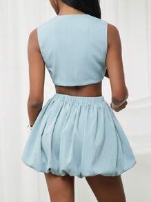 SHEIN Unity Falda mini a rayas verticales con bajo globo, para primavera, verano, ocasiones especiales, negocios, oficina, boda, fiesta, cena, baile de graduación, Acción de Gracias, Navidad, Año Nuevo para mujeres - Azul - Ver 2