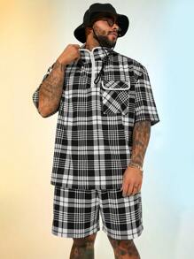 EASEVO Plus Size Men's Loose Knit Plaid Long Sleeve Shirt And Shorts Set - Multicolor - View 1