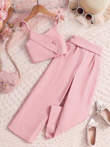 2pcs/Set Girls' Bow Decor Vest Shirt And Shorts Set, Fashion For Casual, Holiday, Summer Young Girls Clothing Sets Summer Summer Holiday