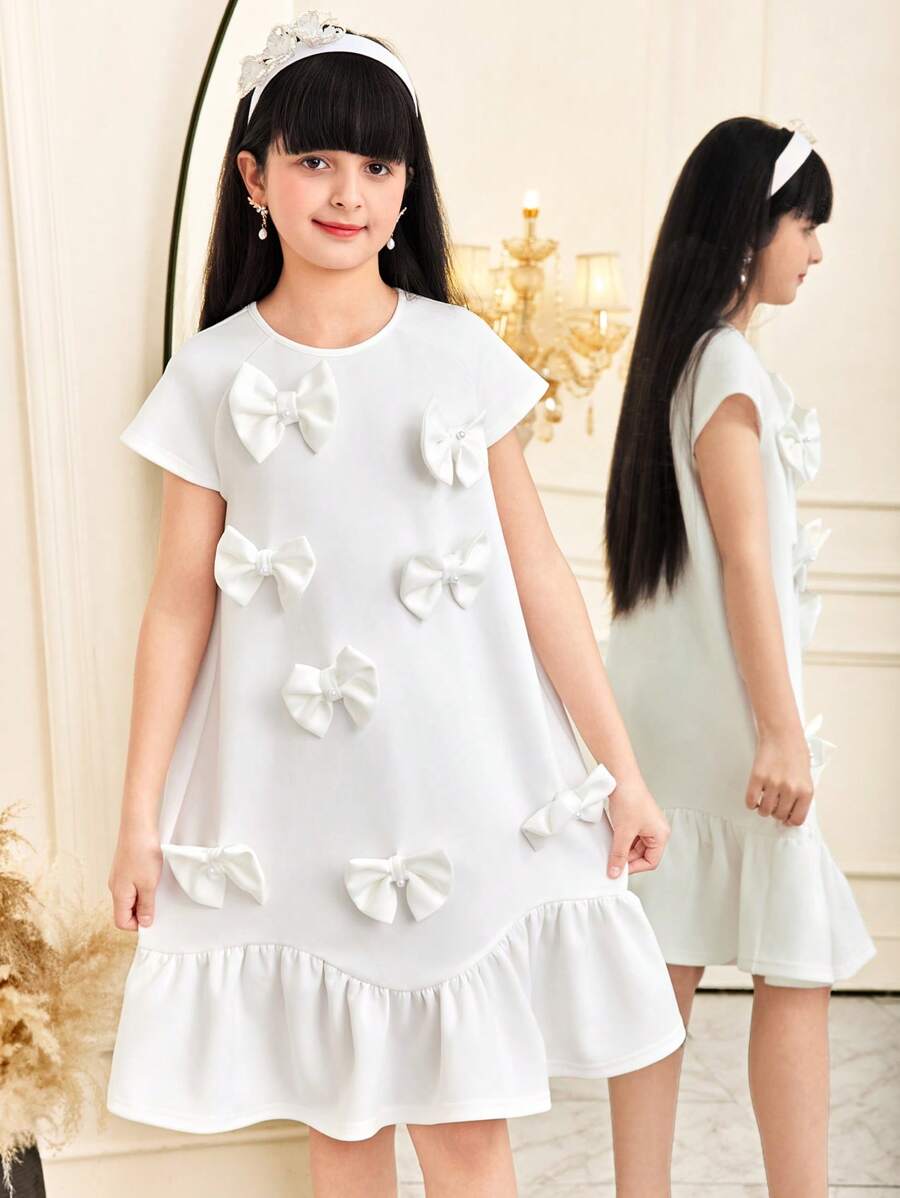 SHEIN Tween Girls Casual Elegant 3D Bow Decor, Pearl Embellished Wavy Hem A-Line Knit Solid Color Short Sleeve Dress