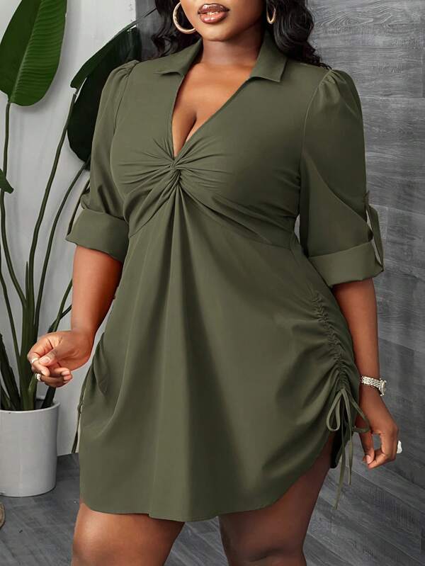 Slaydiva Elegant & Casual & Commute & Party & Date Sexy Form-Fitting Solid Rust Red Long Sleeve Shirred Twist Front Drawstring Waist Mini Shirt Dress For Plus Size Women, Spring & Autumn