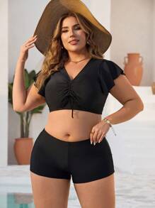 SHEIN Swim Curve Plus Size Jednolity Kolor Wiązany Swobodny Dopasowany Dopasowany Top z Dekoltem w Serek i Szorty Zestaw Tankini, Na Letnie Wakacje Na Plaży