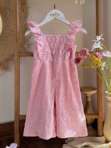 SHEIN Baby Girl Solid Color Embroidered Ruffle Hem Romper - Hot Pink - View 3