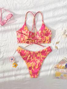 Swim Lushoire 2pcs Springbreak Summer New Spaghetti Strap Criss-Cross Tie Random Print Bohemian Women Bikini Set