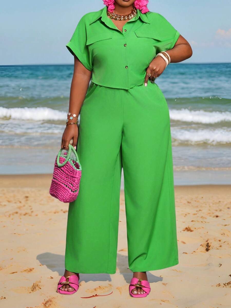 Slaydiva 2pcs Plus Size Solid Green Front Button Short Sleeve Pocket Top And Long Pants Set - Green - View 1