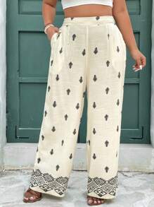 SHEIN Frenchy Quần dài đi nghỉ thoải mái cỡ lớn cho nữ có túi - Màu be - Xem 3