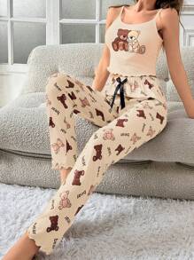 Women's Spaghetti Strap Bear Print Minimalist Top And Long Pants Pajama Set - Multicolor - View 3
