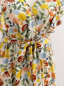 Soleia Plus Size Women's Spring Floral Print Tie-Waist Deep V-Neck Drawstring Vacation/Beach Midi Dress - Multicolor - View 6