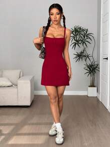 SHEIN Unity 女士纯色纽扣肩带修身迷你连衣裙