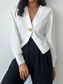 SHEIN Privé New White Top Rose Metal Button Ladies Open Cardigan Jacket - White - View 3