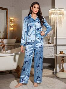 蝴蝶与月亮印花仿丝翻领开衫和裤子两件套 - 藍色 - 查看 5