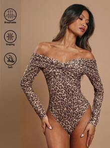 SHEIN X ELOISA & ORSON COSMINA Body de manga larga con hombros descubiertos, con estampado de leopardo y diseño retorcido, de estilo casual y minimalista para mujer
