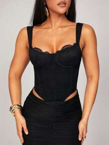 Silquee Women's All-Black Matching Tight Lace Patchwork Bra, Gorgeous Halter Floral Lace Corset Top With Curved Hem, Suitable For Spring Break, Beach Vacation, Night Out, Hangout With Friends, Beach Party, Pool Party, Holiday, Nature Party, Cabin Getaway, Modest Tops,Cute Summer Tops,Lace Top - Black - View 1