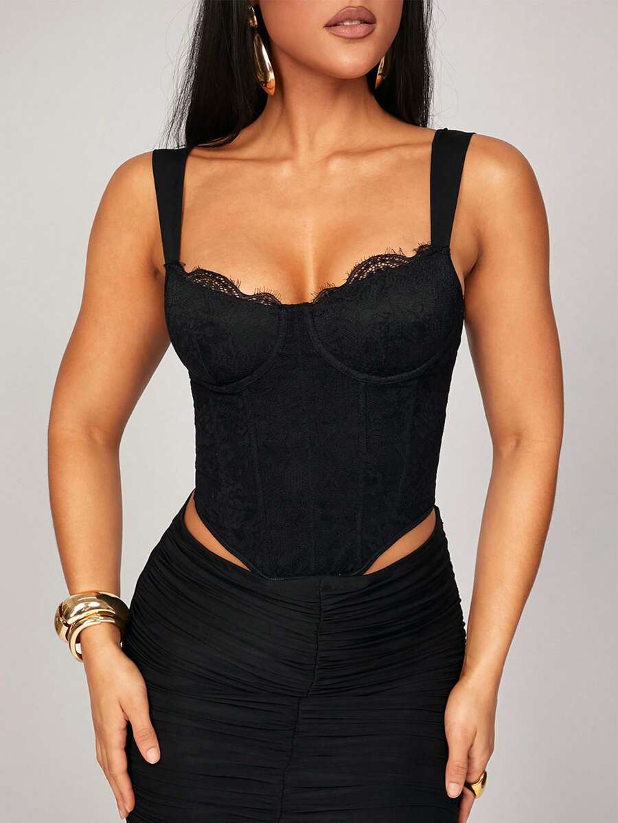 Silquee Women's All-Black Matching Tight Lace Patchwork Bra, Gorgeous Halter Floral Lace Corset Top With Curved Hem, Suitable For Spring Break, Beach Vacation, Night Out, Hangout With Friends, Beach Party, Pool Party, Holiday, Nature Party, Cabin Getaway, Modest Tops,Cute Summer Tops,Lace Top - Black - View 1