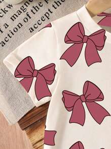 SHEIN Young Girl Bow Print Round Neck Short Sleeve Tee Summer Holiday - Multicolor - View 5