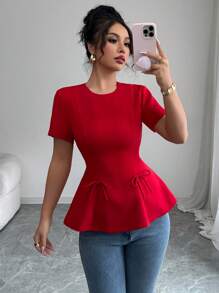 Elenzga Women's Casual Spring Summer Elegant French Style Solid Color Round Neck A-Line Short Sleeve Blouse With Waist Cinching, Bow Decor, Back Zipper - Red - View 1