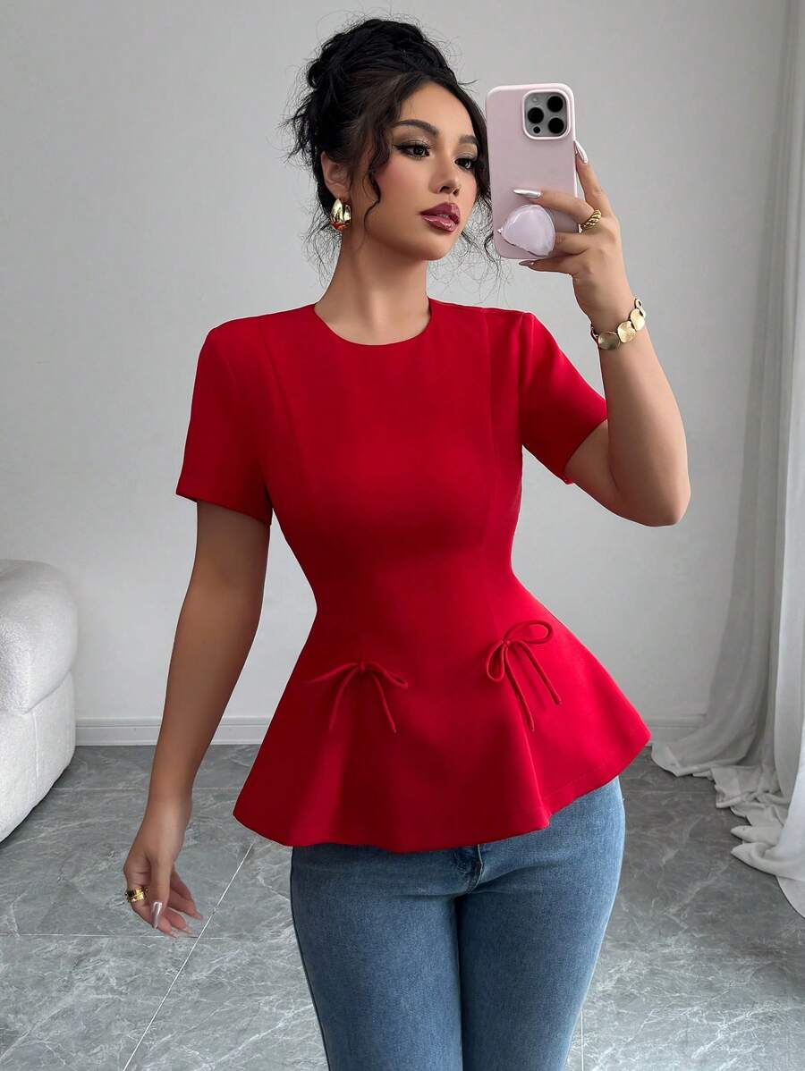 Elenzga Women's Casual Spring Summer Elegant French Style Solid Color Round Neck A-Line Short Sleeve Blouse With Waist Cinching, Bow Decor, Back Zipper - Red - View 1