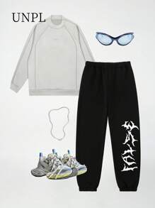 SHEIN 青少年男孩休闲简约字母印花运动裤，街头时髦复古风格慢跑裤，带有简约图形印花，适合日常穿着、户外活动、音乐节、派对和返校礼物，春夏秋冬 - 黑色 - 查看 1