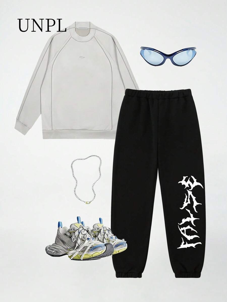 SHEIN 青少年男孩休闲简约字母印花运动裤，街头时髦复古风格慢跑裤，带有简约图形印花，适合日常穿着、户外活动、音乐节、派对和返校礼物，春夏秋冬 - 黑色 - 查看 1