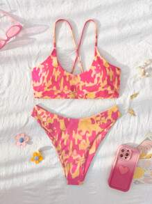 Swim Lushoire 2pcs Springbreak Summer New Spaghetti Strap Criss-Cross Tie Random Print Bohemian Women Bikini Set