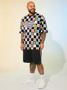 EASEVO T-shirt à col ras-du-cou à manches courtes, oversize, en tricot décontracté avec imprimé damier noir et blanc pour hommes de grande taille