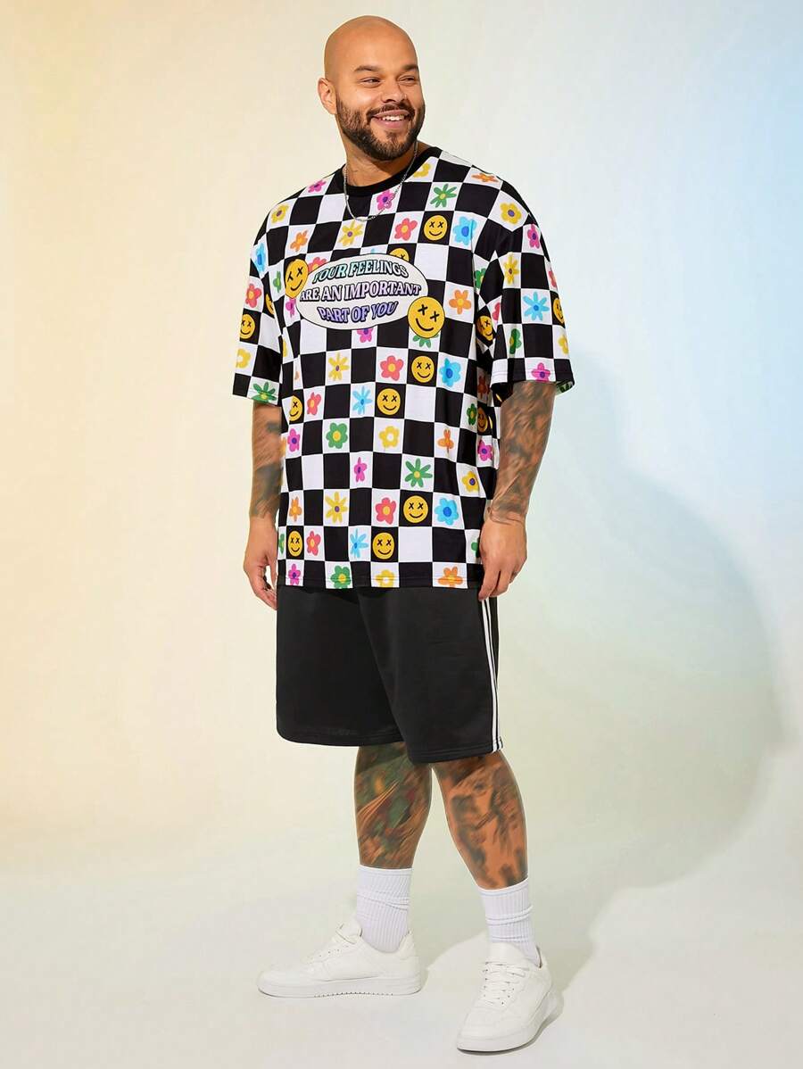 EASEVO T-shirt à col ras-du-cou à manches courtes, oversize, en tricot décontracté avec imprimé damier noir et blanc pour hommes de grande taille