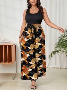 SHEIN Clasi Pantalones anchos de pierna ancha de unicolor con parches, de talla grande, sin mangas, de estilo casual simple, de estampado aleatorio para el verano