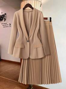 DreamSkyne 大码女式纯色长袖西装外套和褶皱中长裙两件套