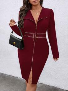 SHEIN Clasi Plus Size Women Black Zipper Party/Valentine's Day Dress - Burgundy - View 3