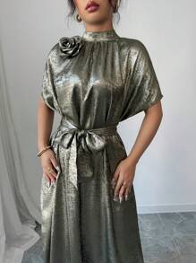 Elenzga Women's Summer Occasion Casual Loose Dress, Gold & Green Floral Decor Bat Wing Sleeves, V-Neck Maxi Gown Dress, Suitable For Outing, Date, Holiday, Eid, Music Festival, Wedding