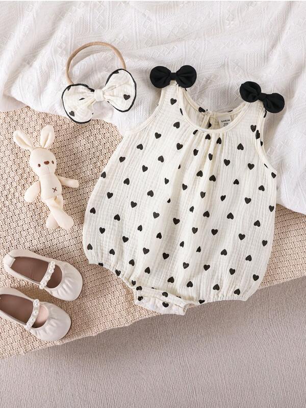 Baby Cute Casual Minimalist Round Neck Heart Printed Romper, Summer