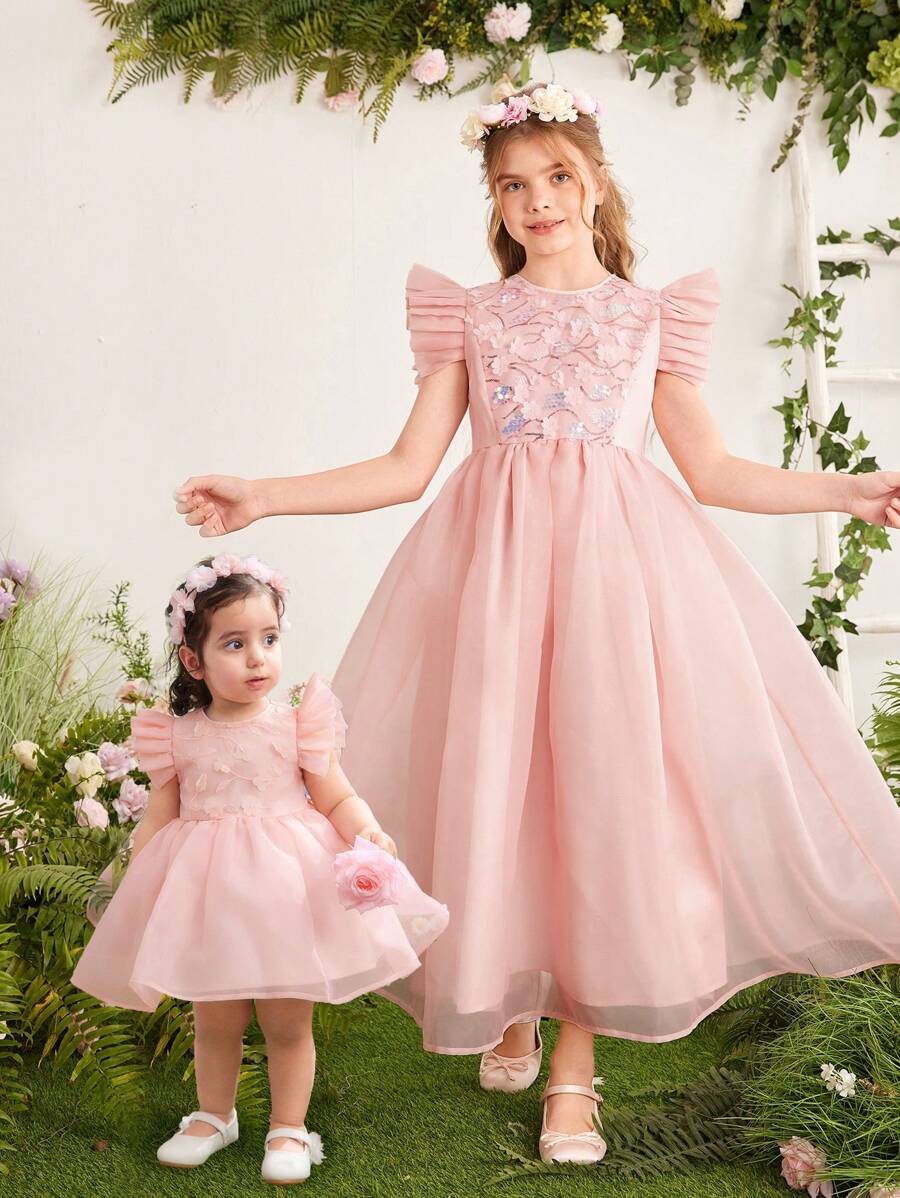 SHEIN Baby Girl Summer Cute & Elegant Mesh Cap Sleeve Dress - Pink - View 1