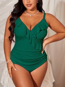 Swim Lushoire Plus Size Women Solid Color V-Neck Ruffle Waist One Piece Swimsuit, Fashionable Casual Holiday For Summer Beach Vacation - Green - View 1