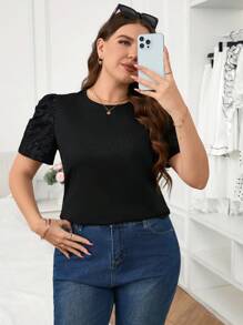 SHEIN Frenchy Plus Size Casual Elegant Round Neck Gigot Sleeve Fitted T-Shirt