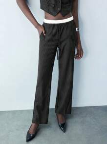 Maija Women Front Button Sleeveless Striped Minimalist Top And Trousers Pants Suit,Festival