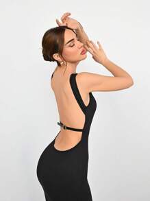Aloruh Women's Elegant Black Backless Dress With Long PU Leather Belt Decoration,Casual Night Out Summer Autumn Clothing,Fashionable Prom Graduation Dress - Black - View 1