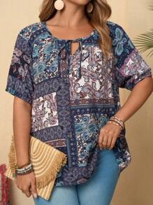EMERY ROSE Blusa holgada de manga corta de talla grande, atuendos casuales y de moda sencilla para uso diario, atuendos de vacaciones, vestimenta occidental para mujer, atuendos country para mujer, atuendos country de primavera para mujer, atuendos de verano para mujer, ropa de estilo bohemio para mujer