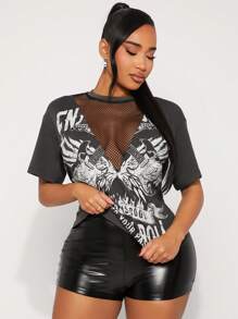 SHEIN SXY 休闲复古风短袖上衣，网眼拼接做旧吉他图案印花宽松T恤，适合日常穿着和音乐节，百搭上衣 - 深灰色 - 查看 4