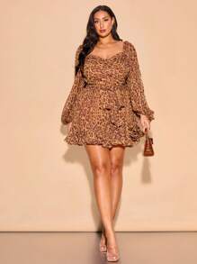 SHEIN BAE Plus Size Women's Brown Leopard Print Chiffon Dress,Autumn Elegant Night Out Club V-Neck Bowknot Tie Bishop Sleeve Side Slit Casual Beach Party - Brown - View 1