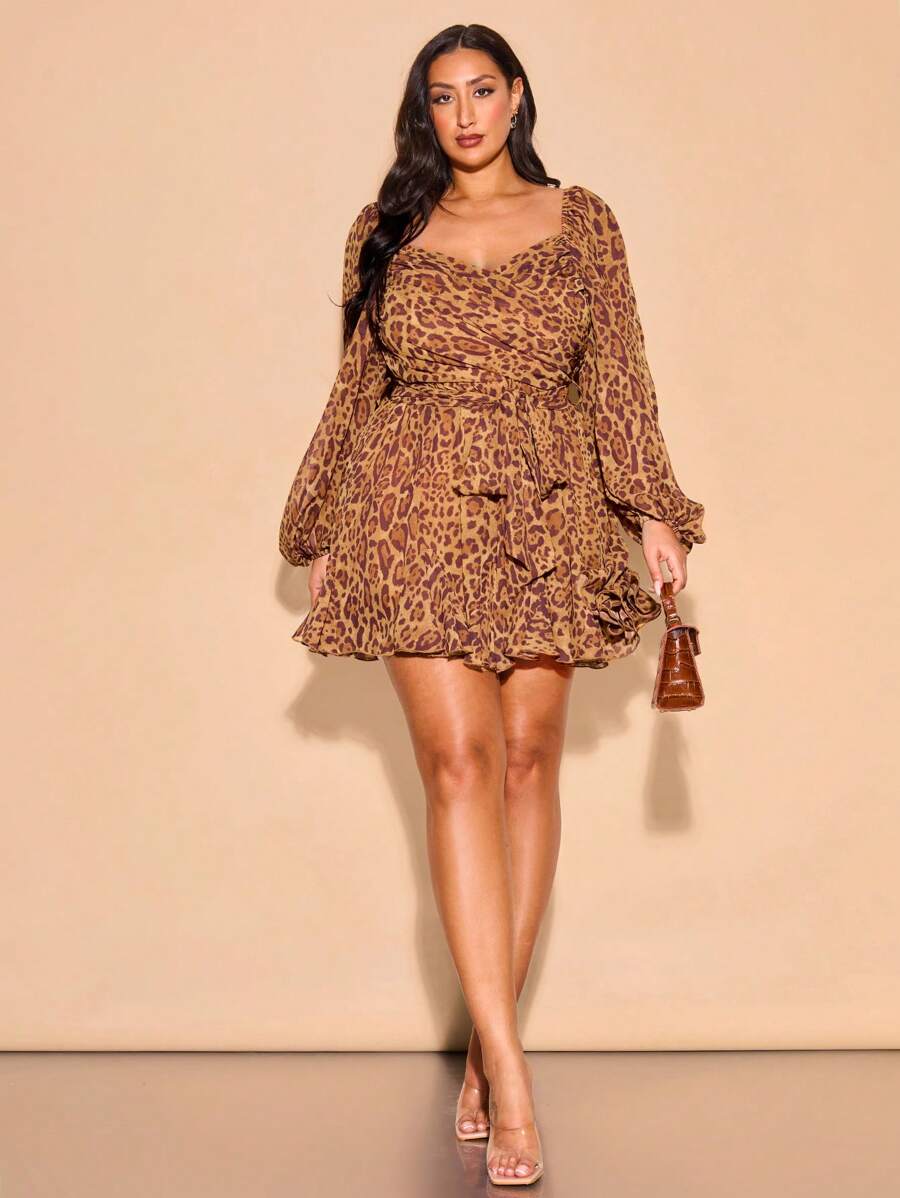 SHEIN BAE Plus Size Women's Brown Leopard Print Chiffon Dress,Autumn Elegant Night Out Club V-Neck Bowknot Tie Bishop Sleeve Side Slit Casual Beach Party - Brown - View 1